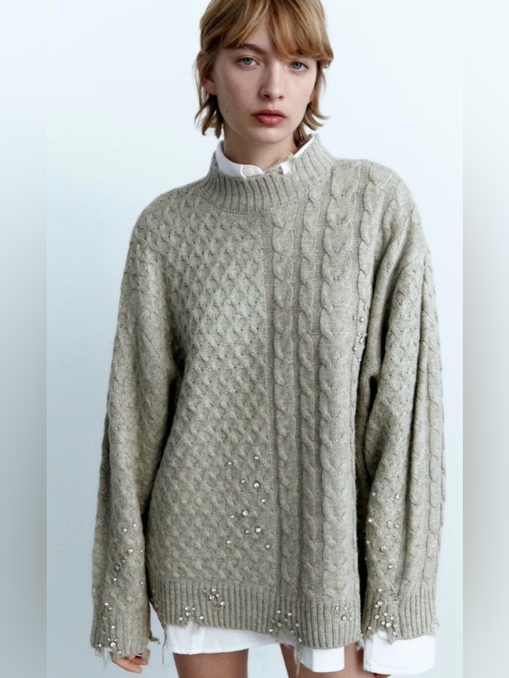 ZARA NWOT Taupe Rhinestone Cable Knit Distressed Sweater M
